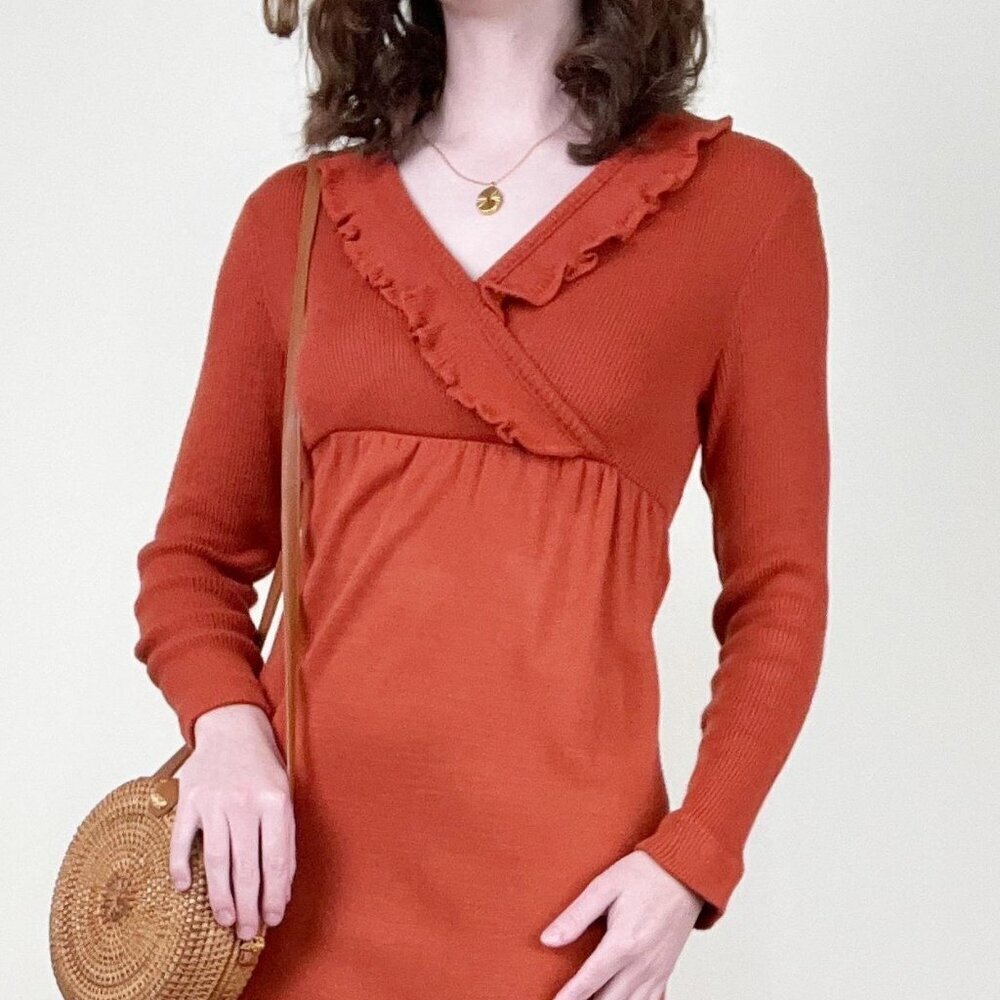 Vintage 1970s Knit Sweater Maxi Dress Ruffle Long Sleeve Boho Bohemian 70s 70's - Picture 2 of 10